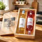 Weingeschenk „Rigau Ros“ – Blanco & Rosado in edler Holzkiste